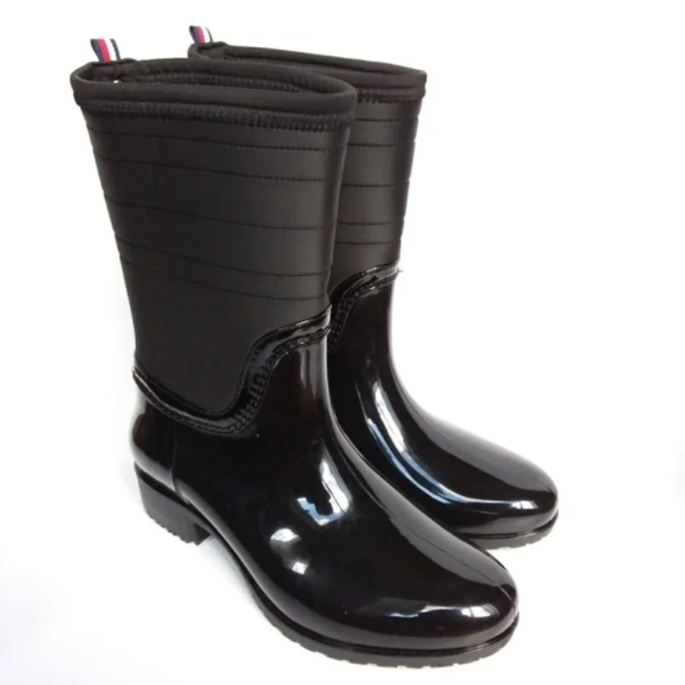 New Tommy Hilfiger Glossy Fonsi Hilfiger Stripe Rain Boot Black 6